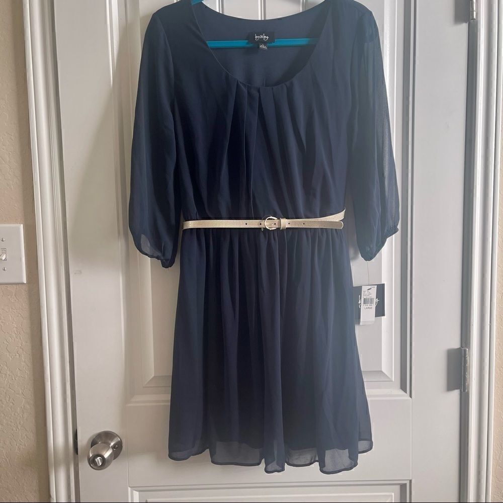 By & By Navy Chiffon Fit Flare Dress Gold Belt Juniors L NWT